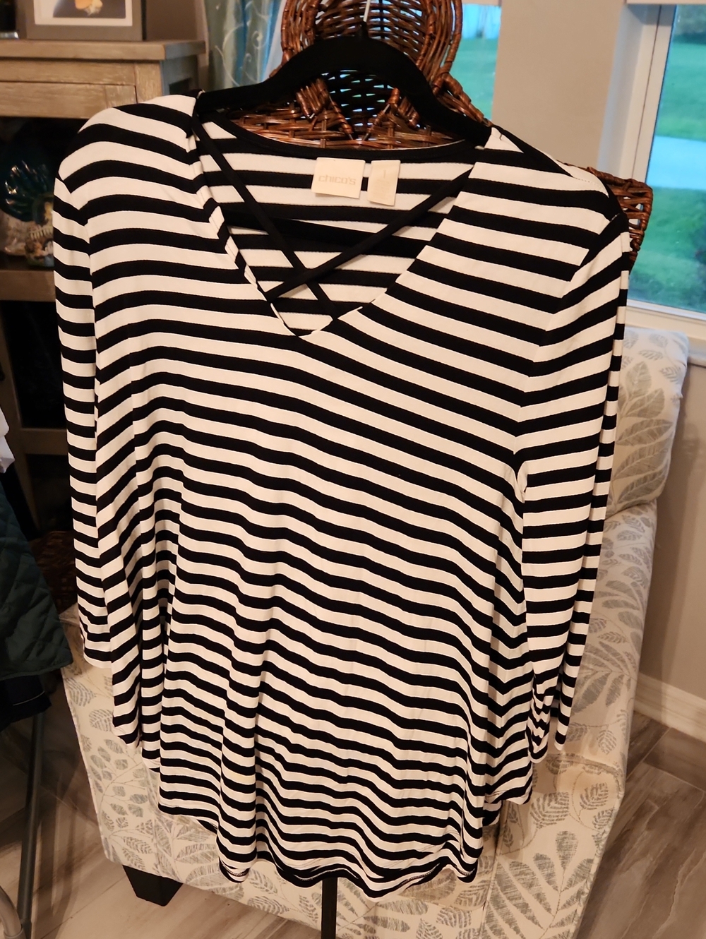 Chico's Black and White Striped Crisscross V-Neck Long Sleeve Top